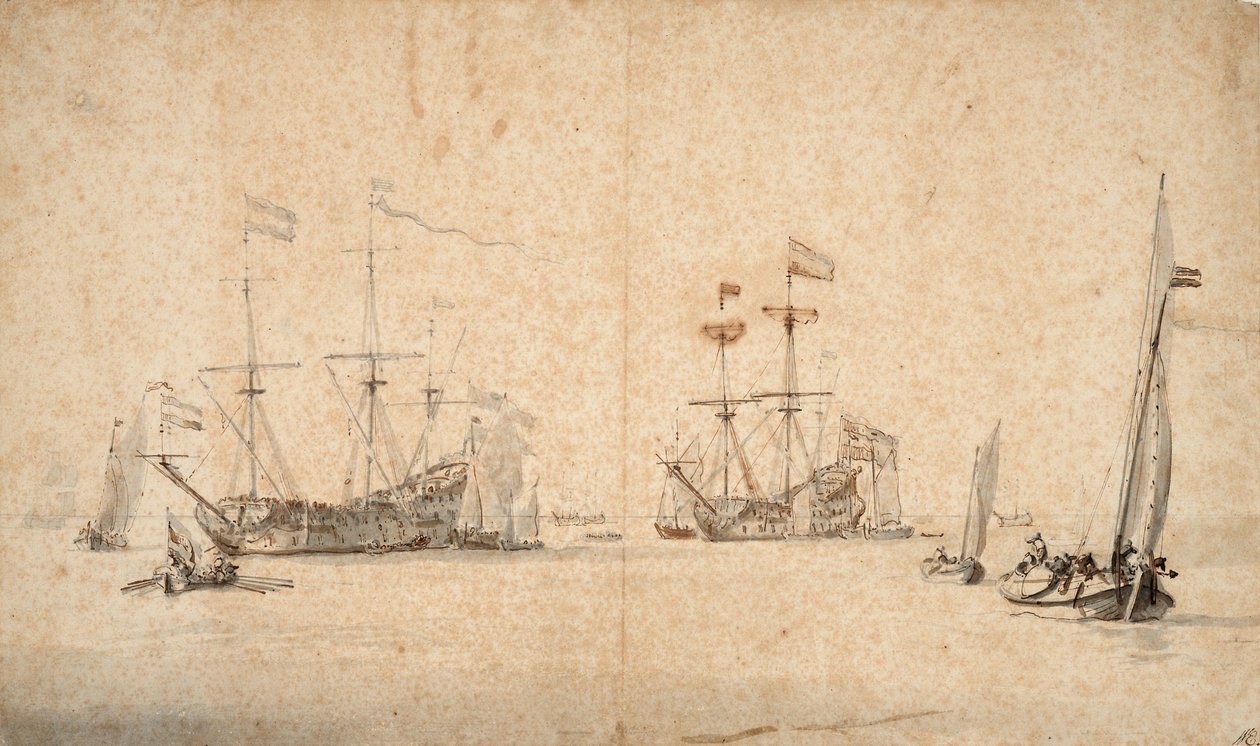 Un kaag en liberté et deux navires amiraux néerlandais au mouillage, vers 1665 - Willem van de Velde the Younger