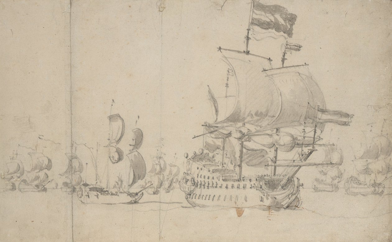 Un navire amiral néerlandais avec un navire de dépêche à son arrière, mai 1672 ? - Willem van de the Elder Velde