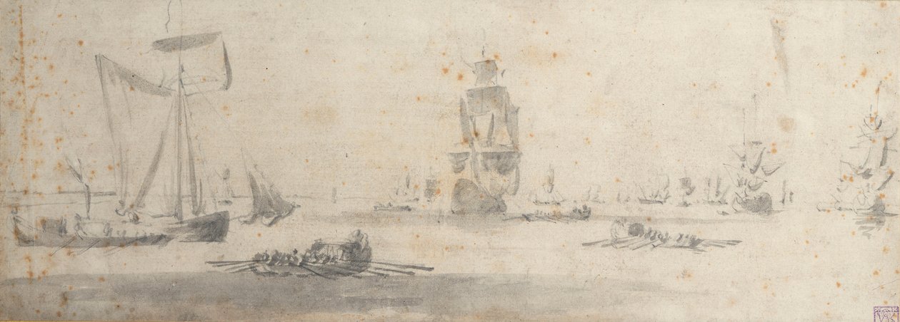 Une galiote par vent léger et plusieurs barges, vers 1681 - Willem van de the Elder Velde