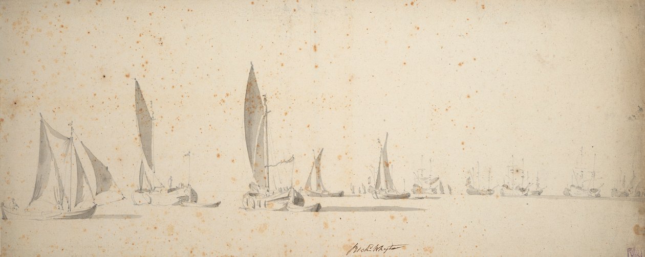Une tochtschuit, wijdschips et waterschips par une légère brise, c.1664 - Willem van de the Elder Velde