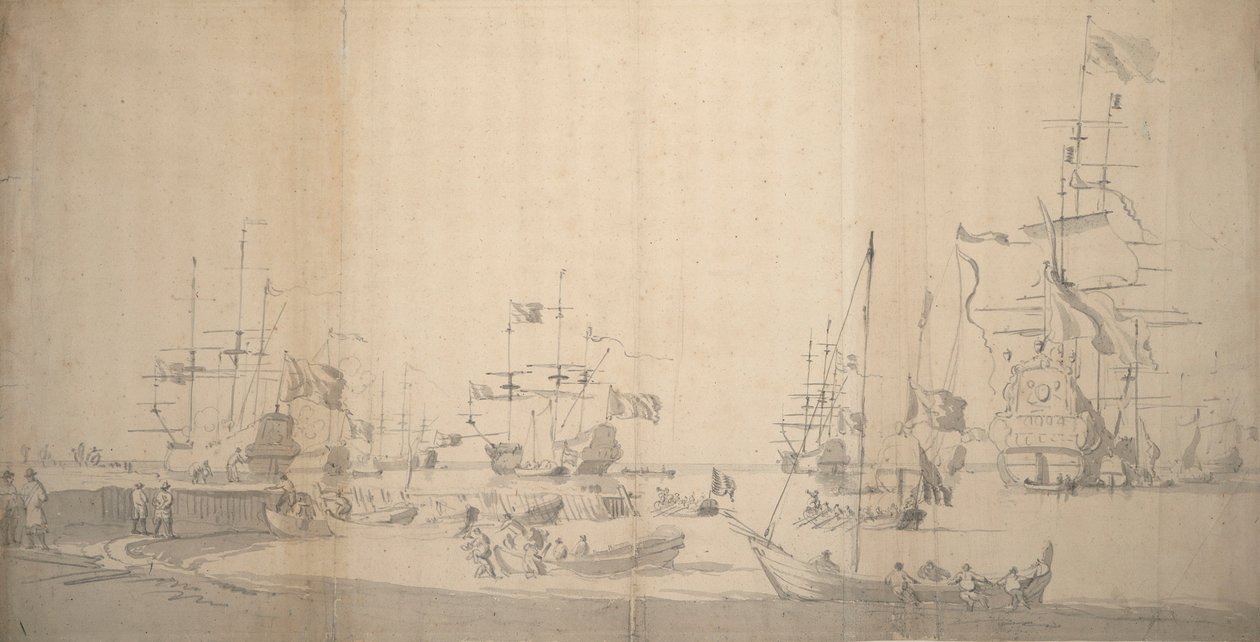 Un weyschuit tiré à terre dans un port bondé, c.1672 - Willem van de the Elder Velde
