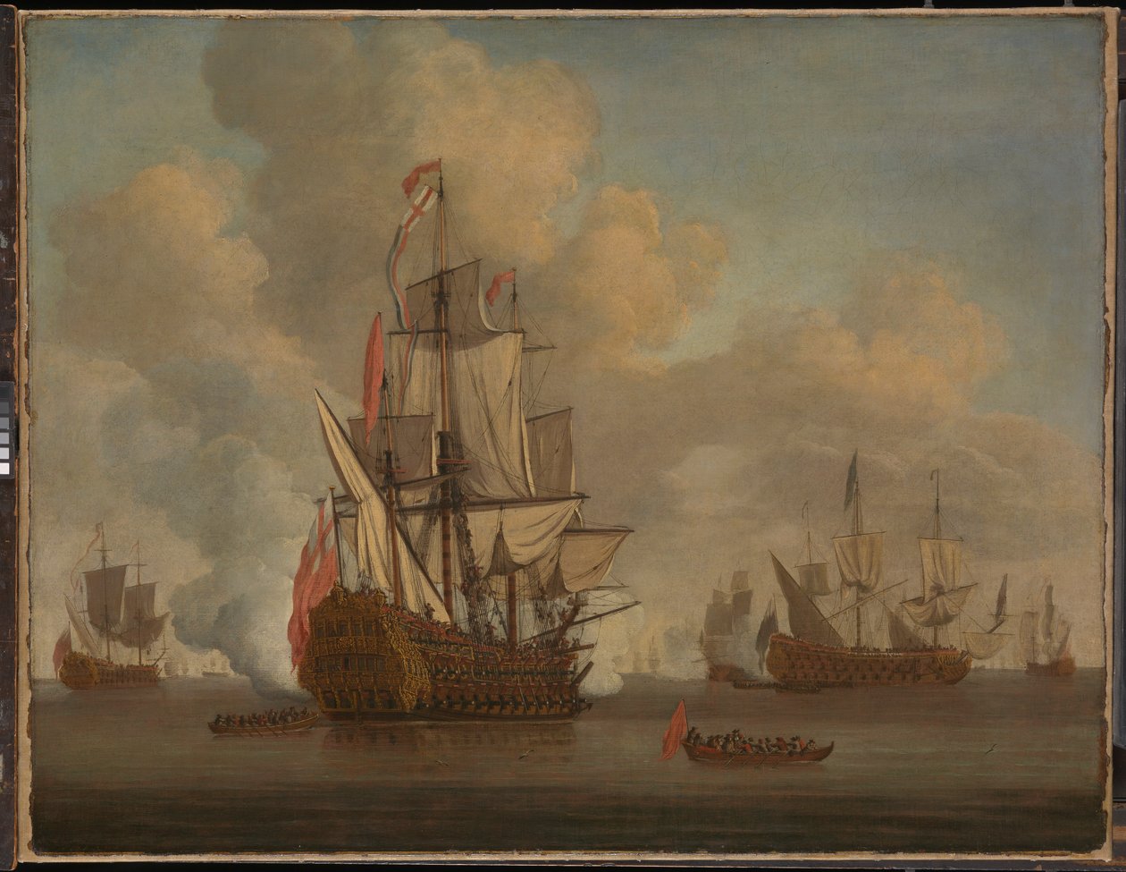 Calme : un deux-ponts anglais avec voiles lâchées tirant une salve - Willem van de the Elder Velde