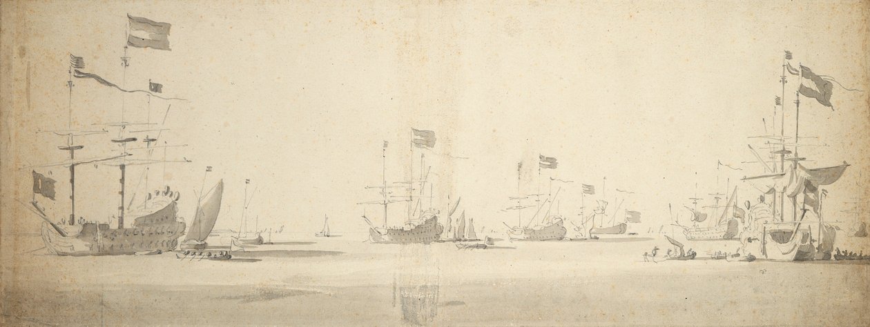 Navires amiraux néerlandais au mouillage avec des bateaux à côté, vers 1664 - Willem van de the Elder Velde