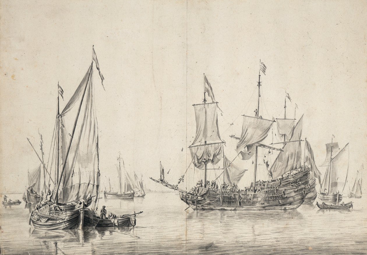 Voiliers et une frégate hollandaise séchant ses voiles. Dessin et lavis (26x37 cm), par William van de Velde l
