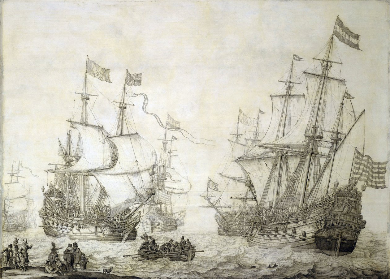Deux navires marchands de la Compagnie néerlandaise des Indes orientales, quittant le rivage par vent calme - Willem van de the Elder Velde