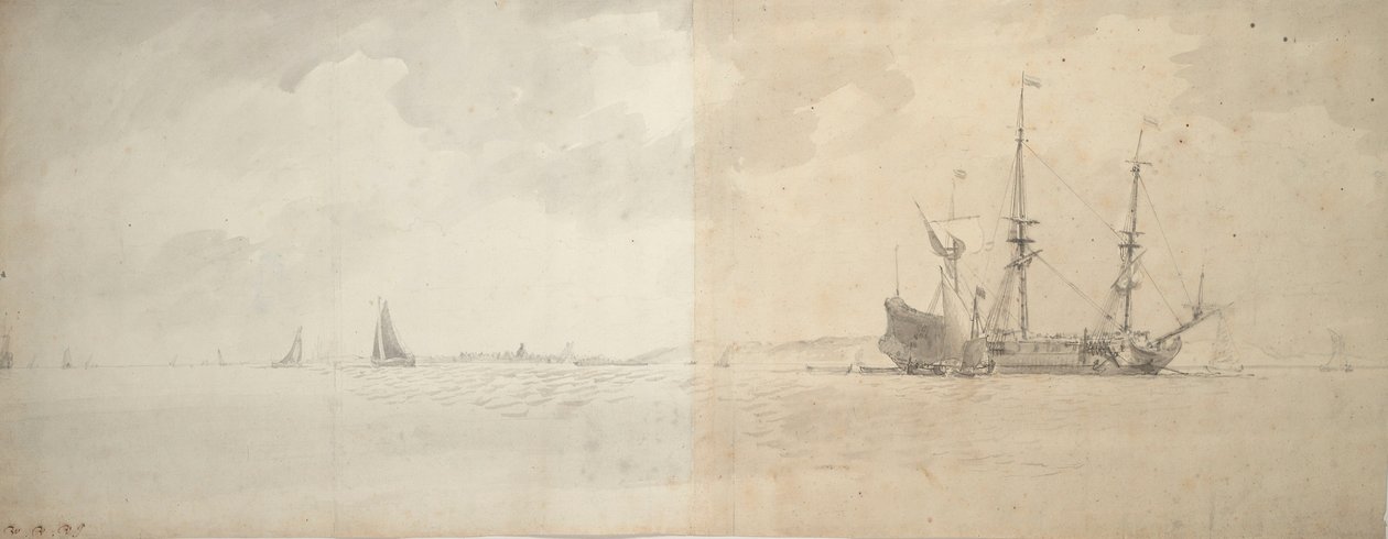 Un vaisseau de guerre néerlandais au mouillage, c.1666 (graphite) - Willem van de Velde the Younger