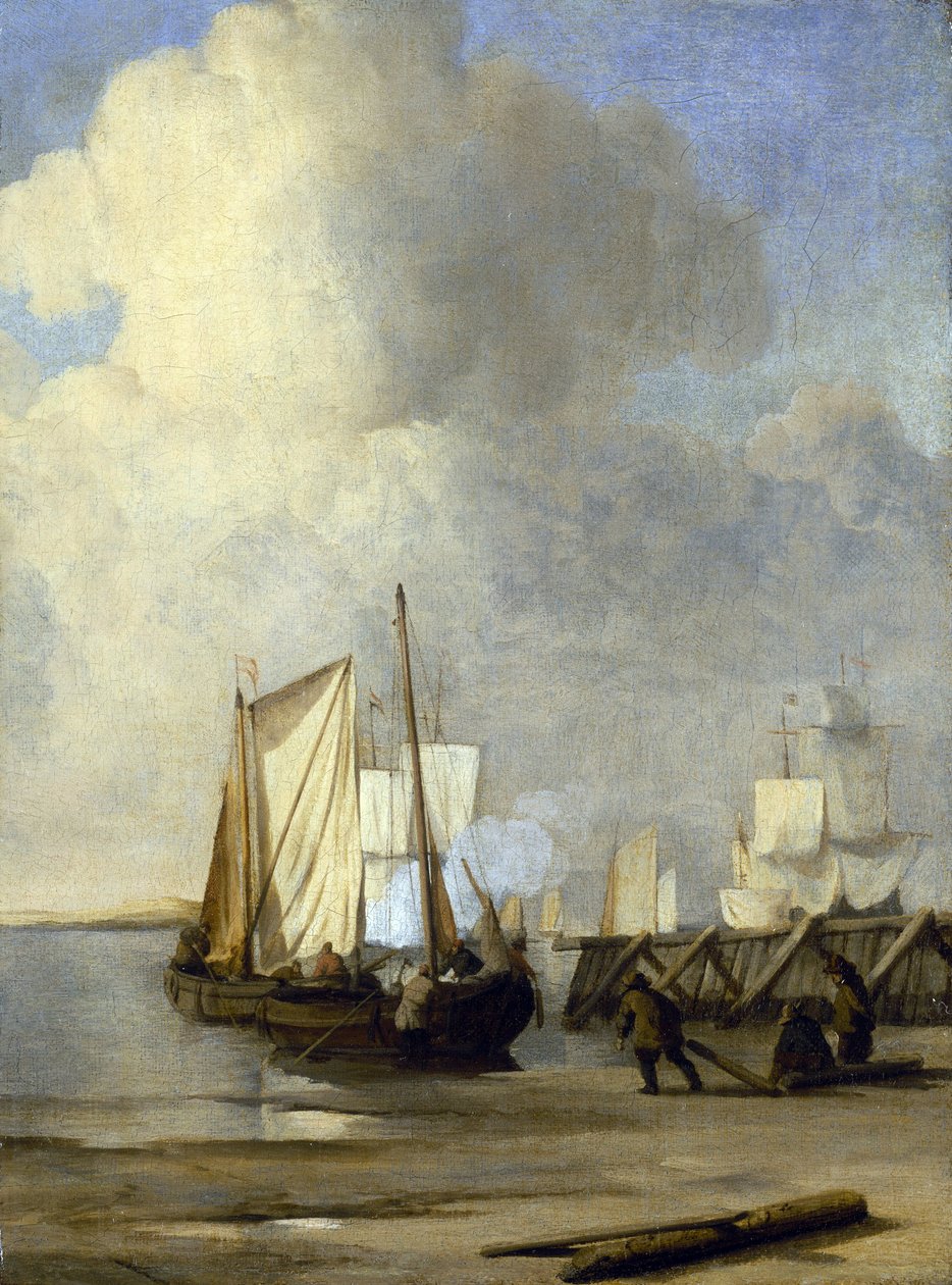 Un Kaag sur le rivage, bateau néerlandais utilisé pour la navigation intérieure - Willem van de Velde the Younger