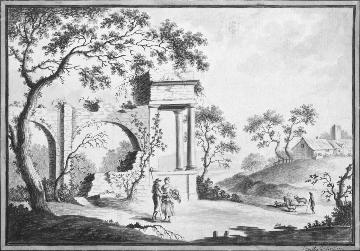 Paysage italien avec ruines classiques et bergers - William Beilby