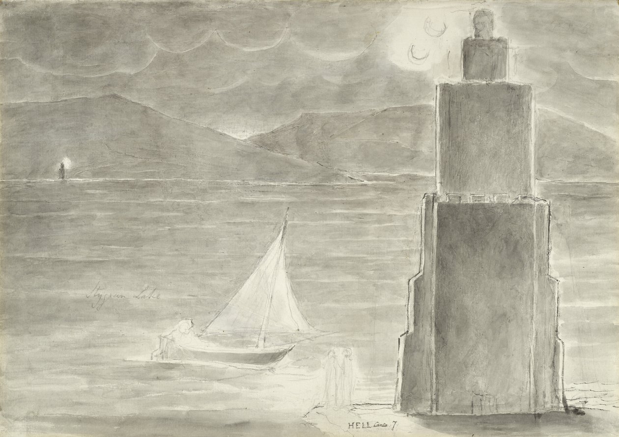 Dante et Virgile au bord du marais Stygien, illustration de la Divine Comédie de Dante Alighieri, 1824-27 - William Blake