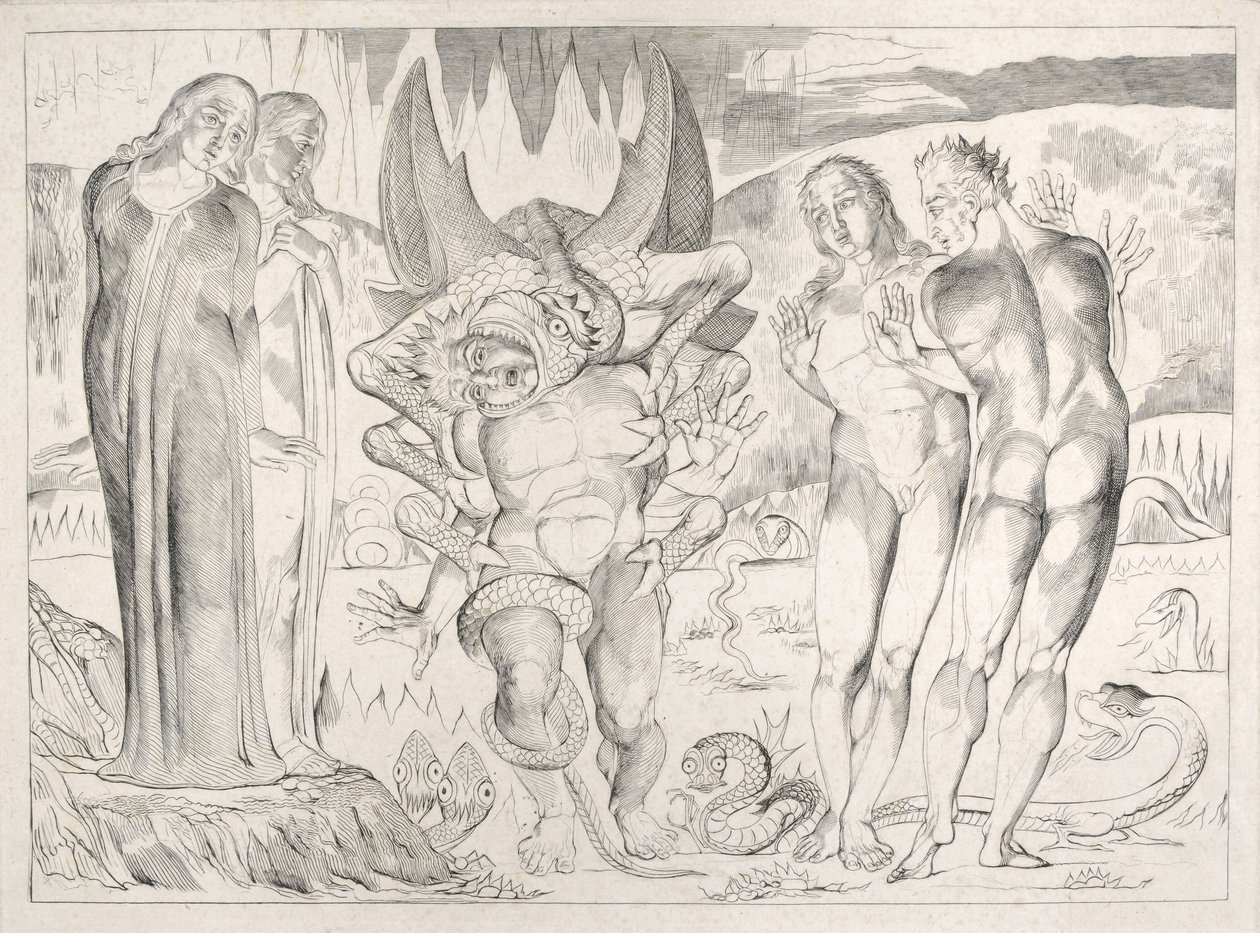 Le Cercle des voleurs : Agnolo Brunelleschi attaqué par un serpent à six pieds, Inferno, Chant XXV, illustration de la 