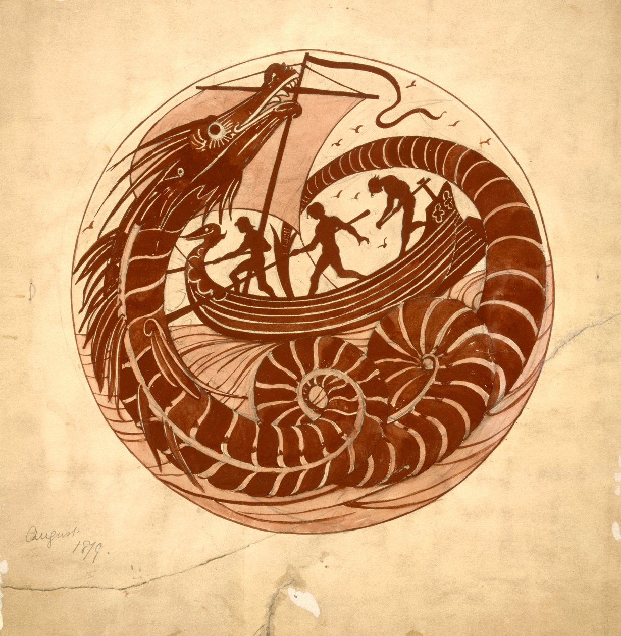 Conception pour un plat utilisant un dragon de mer et un bateau, 1879 (gouache et crayon sur papier) - William de Morgan