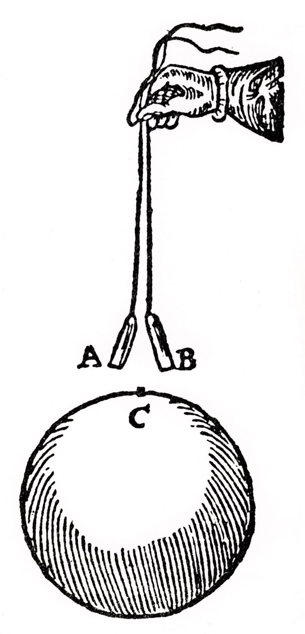 Expérience de Gilbert pour démontrer que deux morceaux de fil de fer, A,B, placés près du pôle, C, d