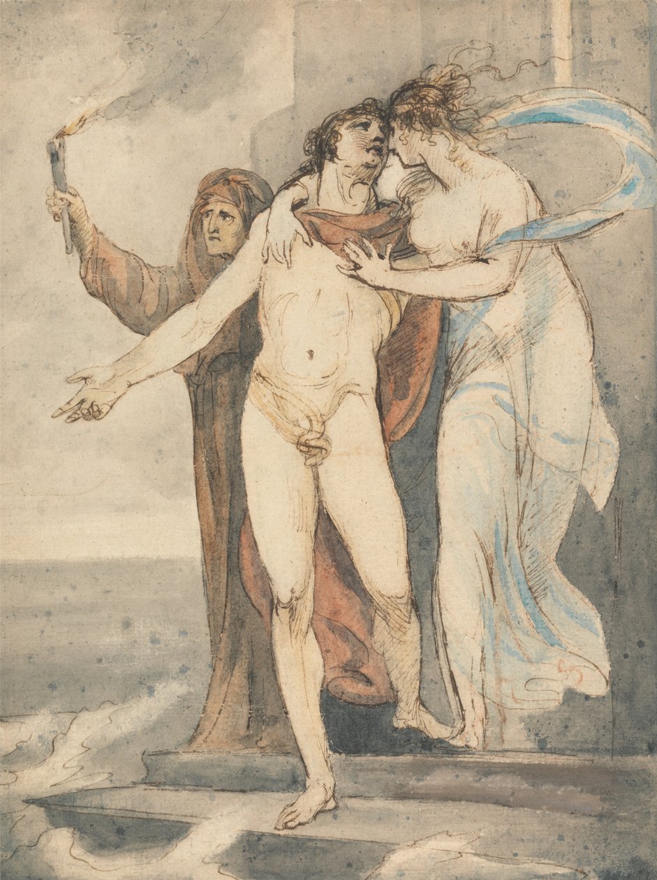 Leander prenant congé de Hero avant de nager à travers l