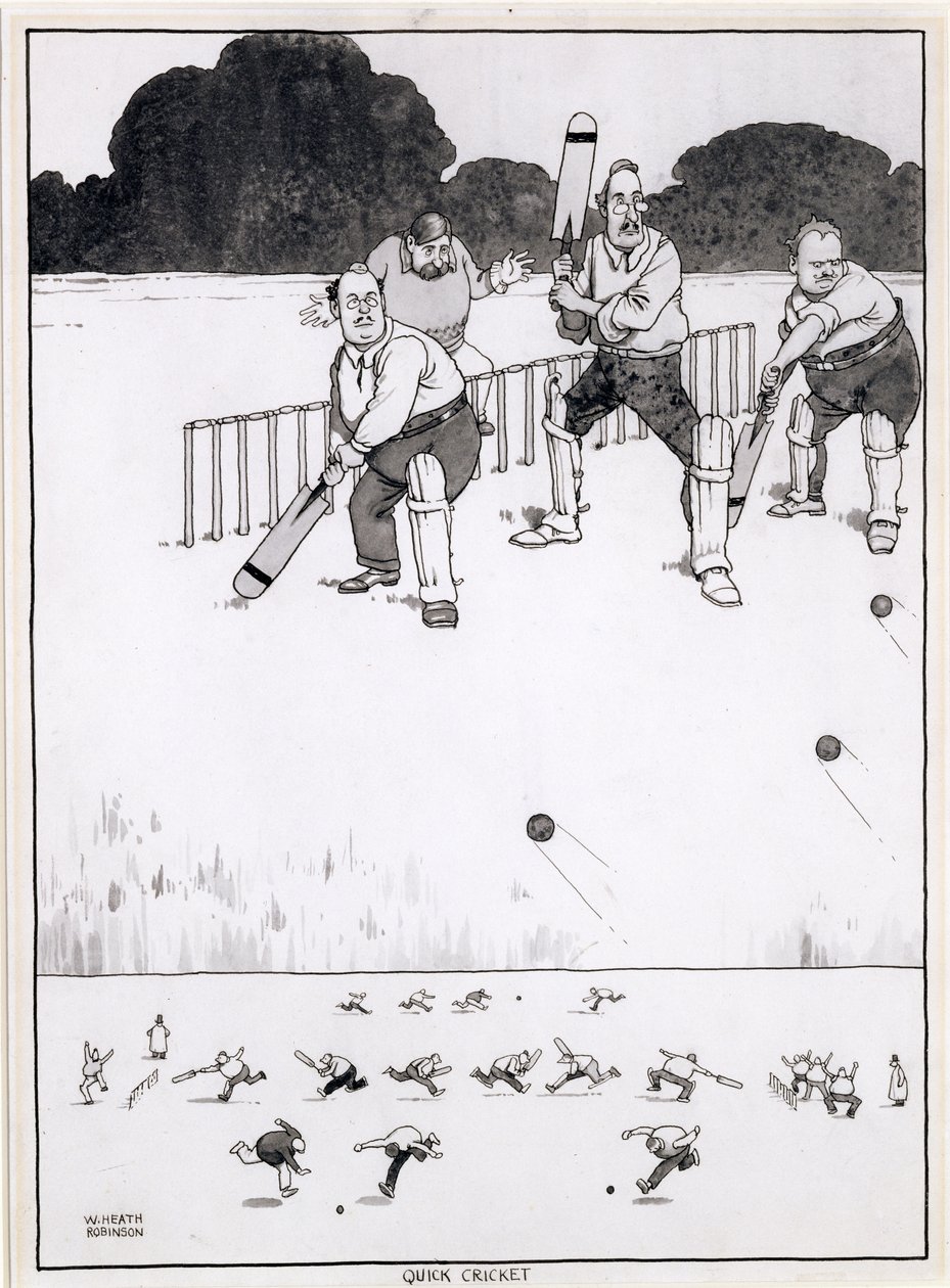 Quick Cricket, une nouvelle méthode pour donner une chance aux deux côtés, une illustration pour The Bystander, mai 1927 - William Heath Robinson
