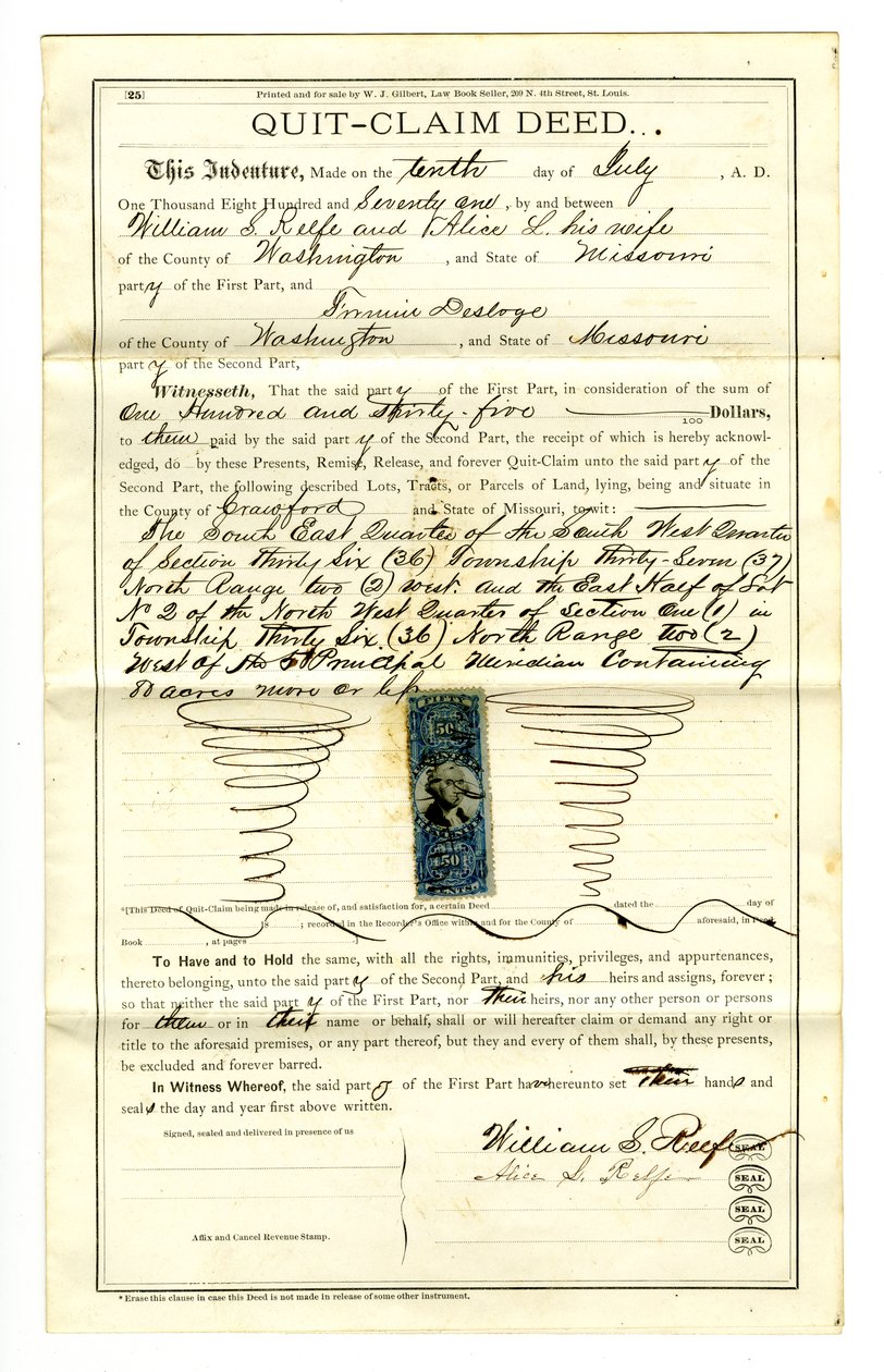 Acte de renonciation signé par William S. Reefe et Alice L. Reefe du comté de Washington, 10 juillet 1871 - William S. Reefe
