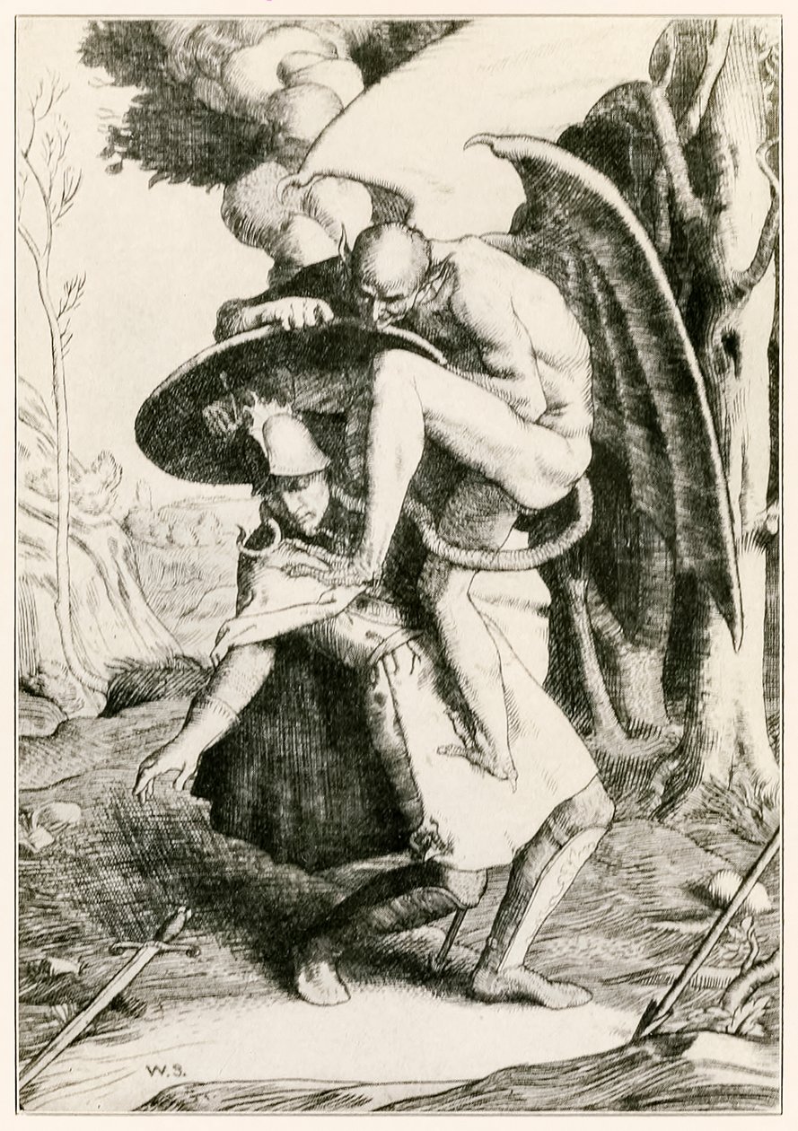 Christian combat Apollyon de Le Voyage du Pèlerin de ce Monde à Celui qui Vient par John Bunyan (1628-1688) illustration de William Strang (1859-1921) - William Strang
