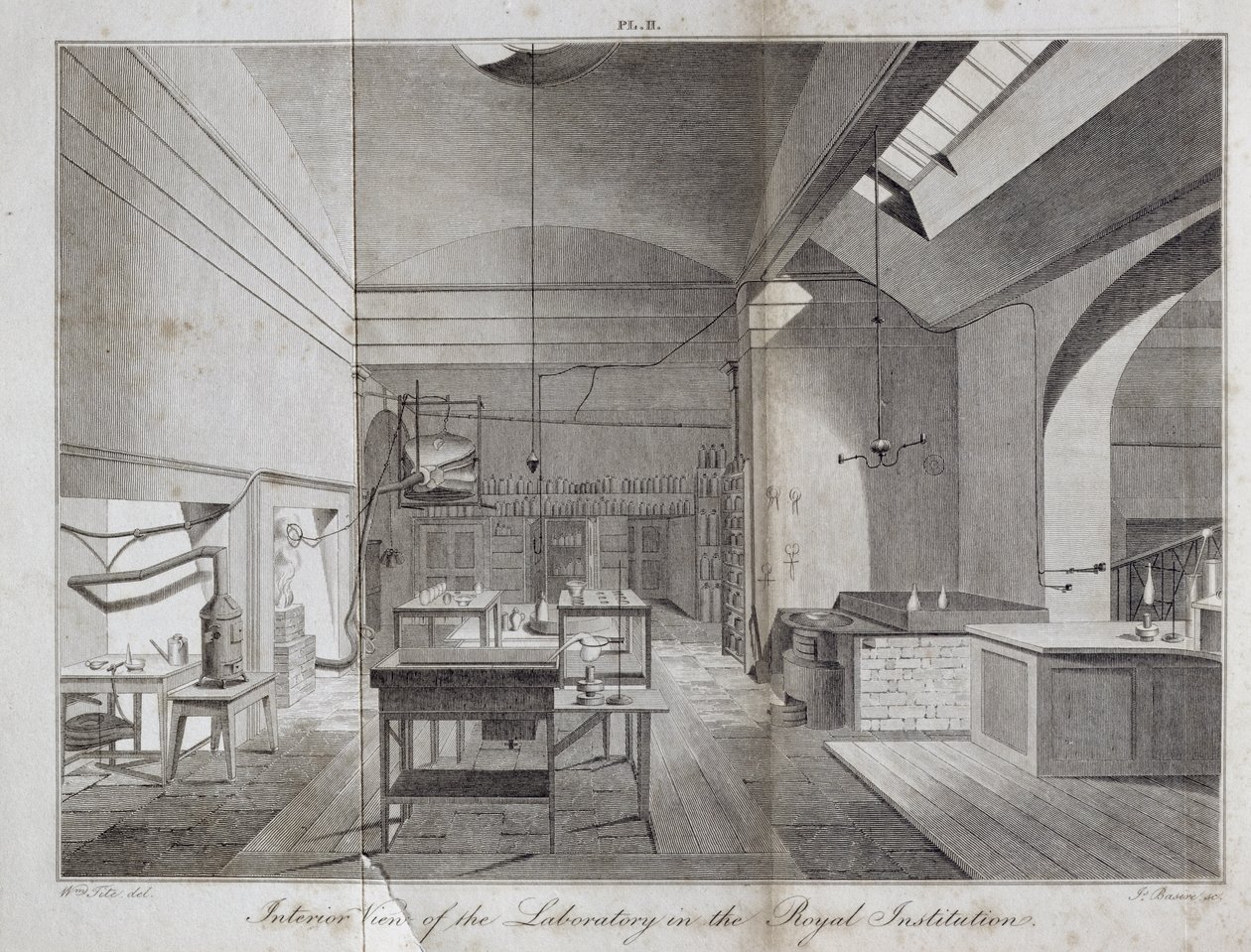 Vue intérieure du laboratoire de la Royal Institution, gravée par James Basire (1796-1869) de A Manual of Chemistry de William Thomas Brande, publié en 1819 - William Tite