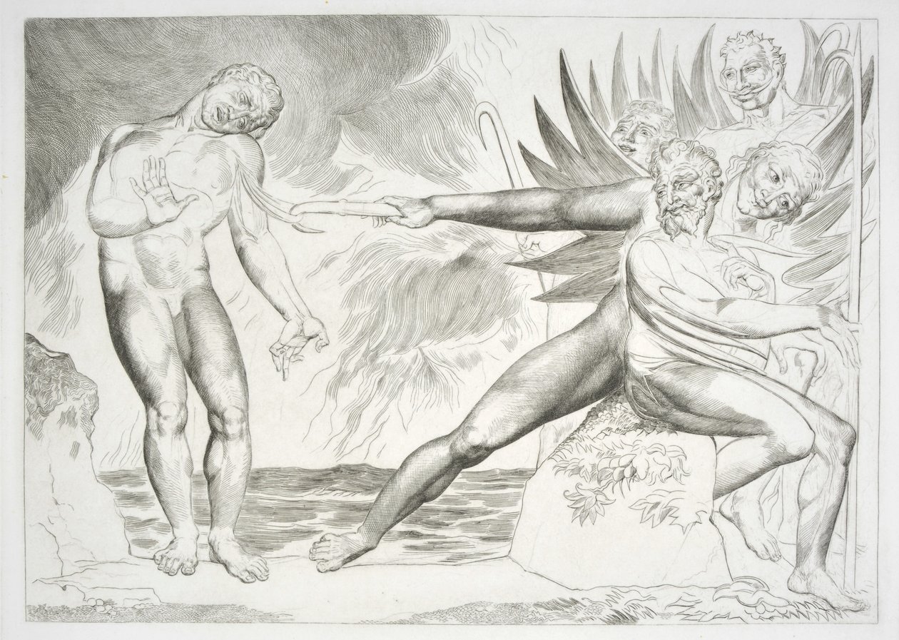 Le cercle des fonctionnaires corrompus : Les démons qui tourmentent Ciampolo Inferno, Canto XXII, illustration de la "Divine Comédie" de Dante Alighieri - William (after) Blake