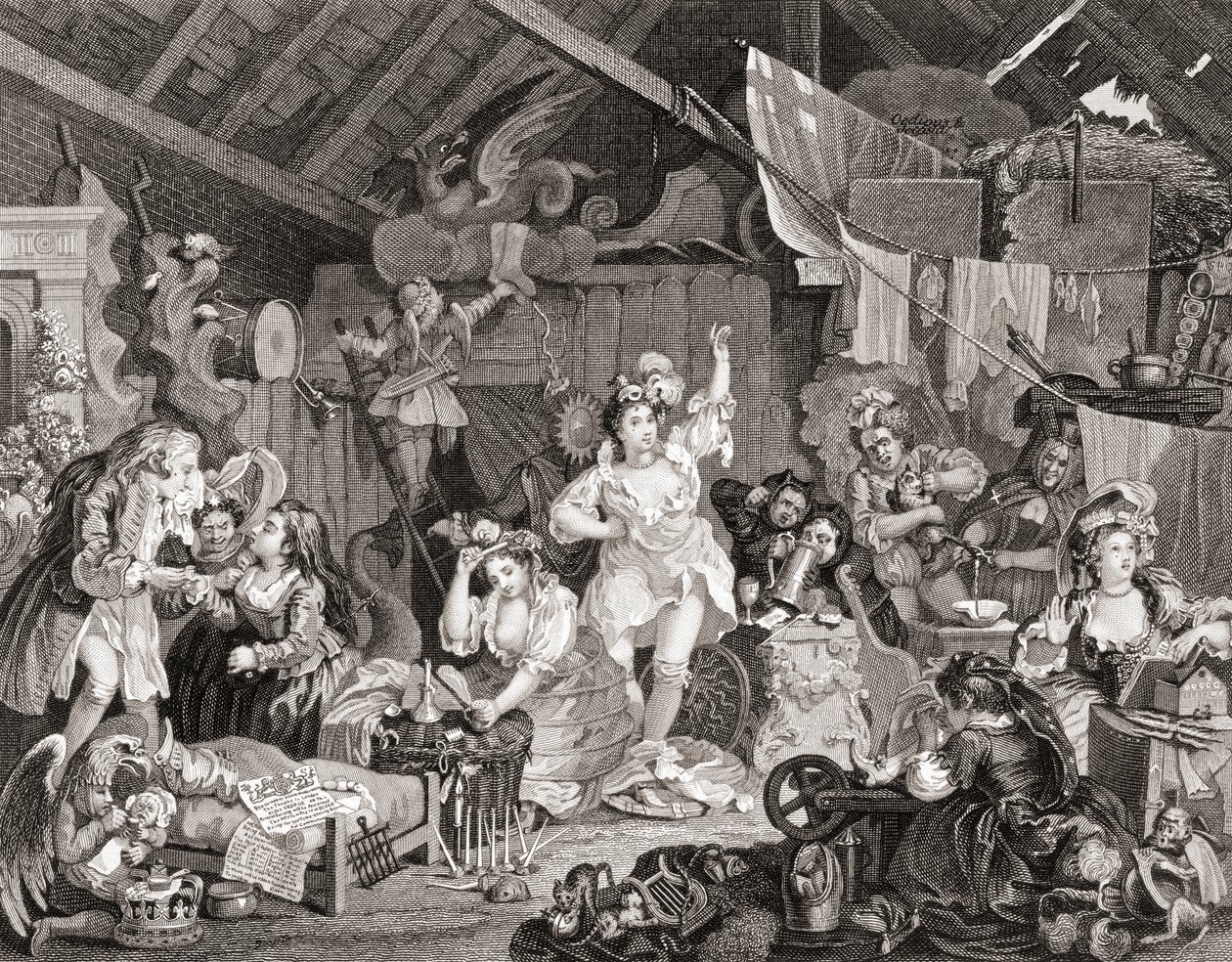 Comédiens ambulants répétant dans une grange, gravé par G Presbury, de The Works of Hogarth publié à Londres en 1833 - William (after) Hogarth