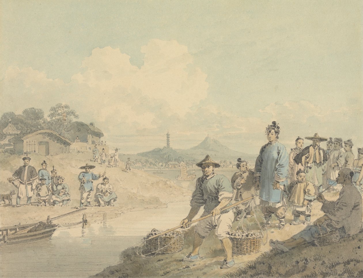 Vue en Chine : personnages avec pagode et montagne - William Alexander