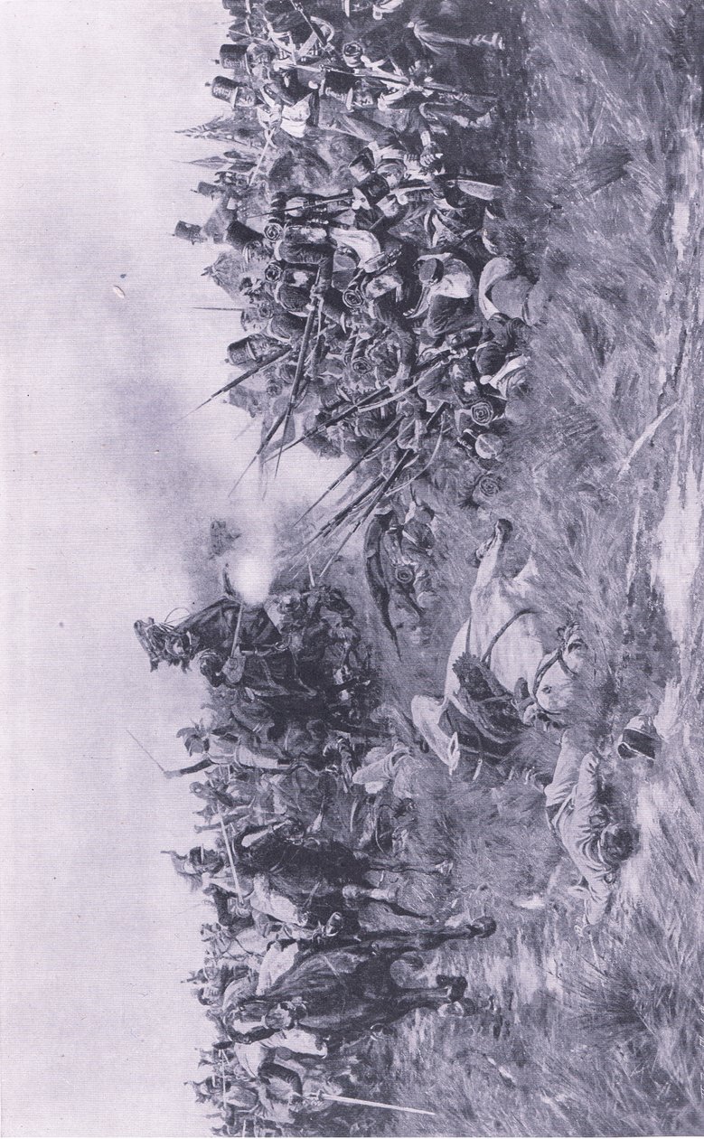 Le 28e régiment de Gloucester recevant la cavalerie française à Waterloo, 18 juin 1815 (illustration de British Battles on Land and Sea) - William Barnes Wollen