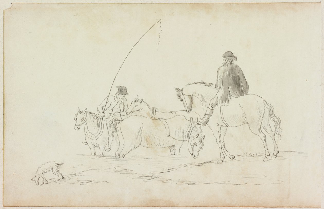 Deux hommes à cheval avec deux chevaux et un chien - William Beilby