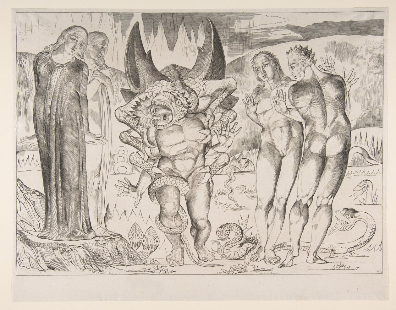 Cercle des voleurs : Agnello Brunelleschi attaqué par un serpent à six pieds, de Dan - William Blake