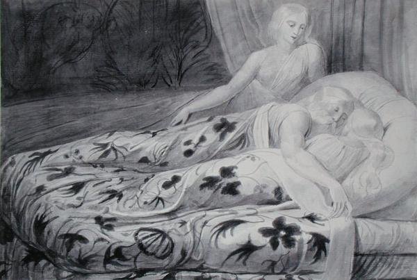 Har et Heva endormis avec Mnetha les gardant, illustration de 