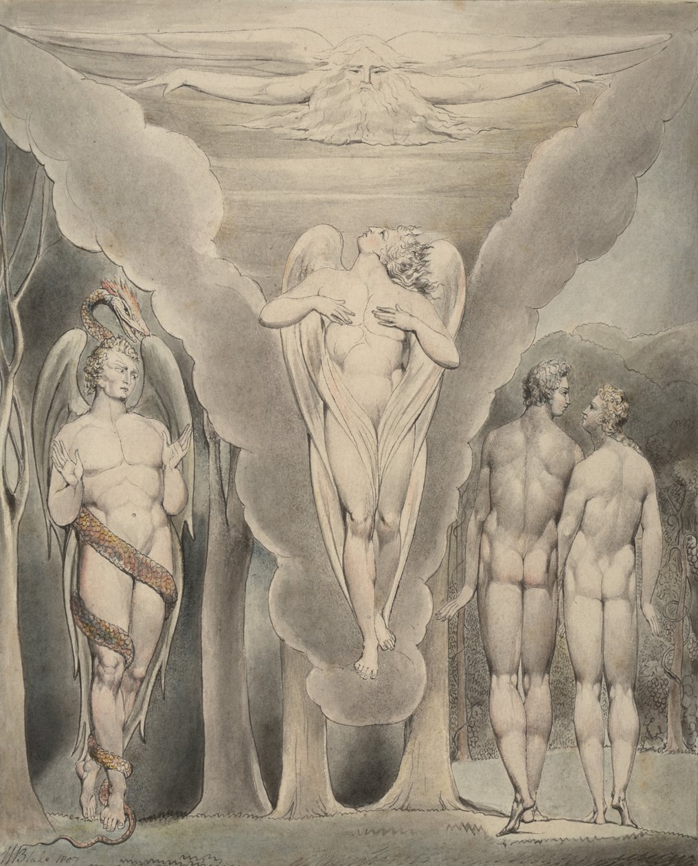 Illustration 4 du "Paradis perdu" de Milton : Satan espionnant Adam et Ève et la descente de Raphaël au paradis, 1807 - William Blake