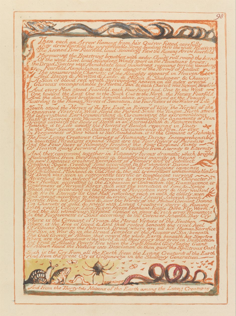 Jérusalem, Planche 98, Puis chacun une flèche flamboyante.... - William Blake