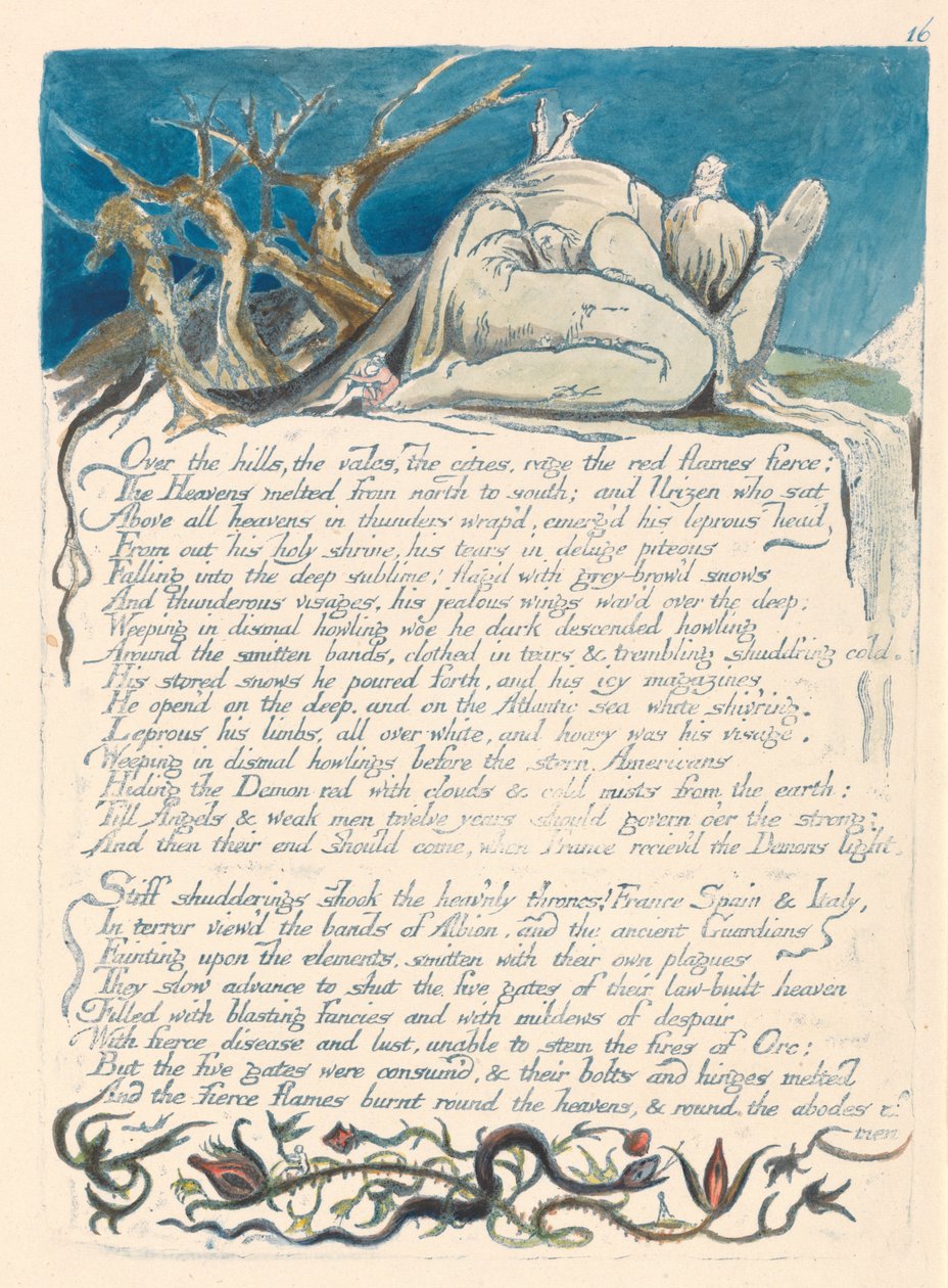"Über die Hügel, die Täler, die Städte wüten die roten Flammen heftig..." (Platte 18) - William Blake