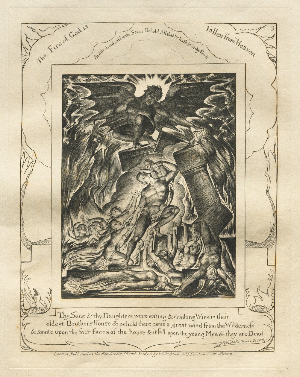Le Livre de Job : Pl. 3, Tes Fils et tes Filles mangeaient et buvaient du Vin dans la maison de leur frère aîné - William Blake