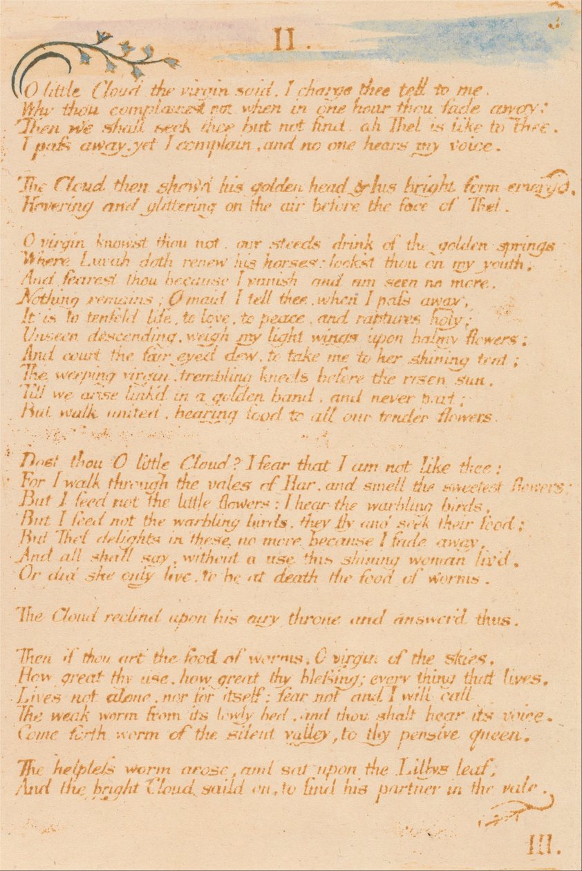 Le Livre de Thel, Planche 5, II. , O petit nuage... - William Blake