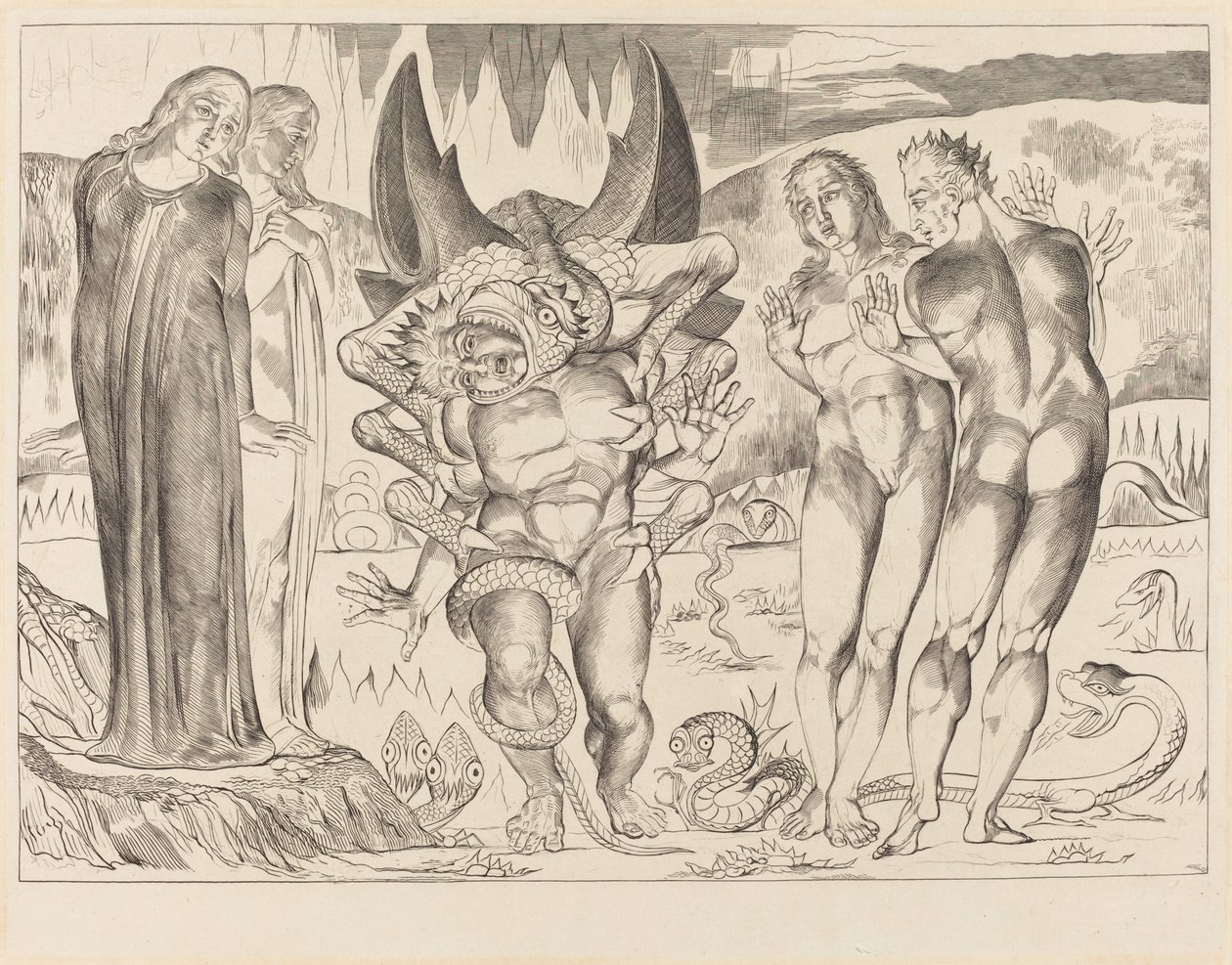 Le Cercle des Voleurs; Agnolo Brunelleschi Attaqué par un Serpent à Six Pattes - William Blake