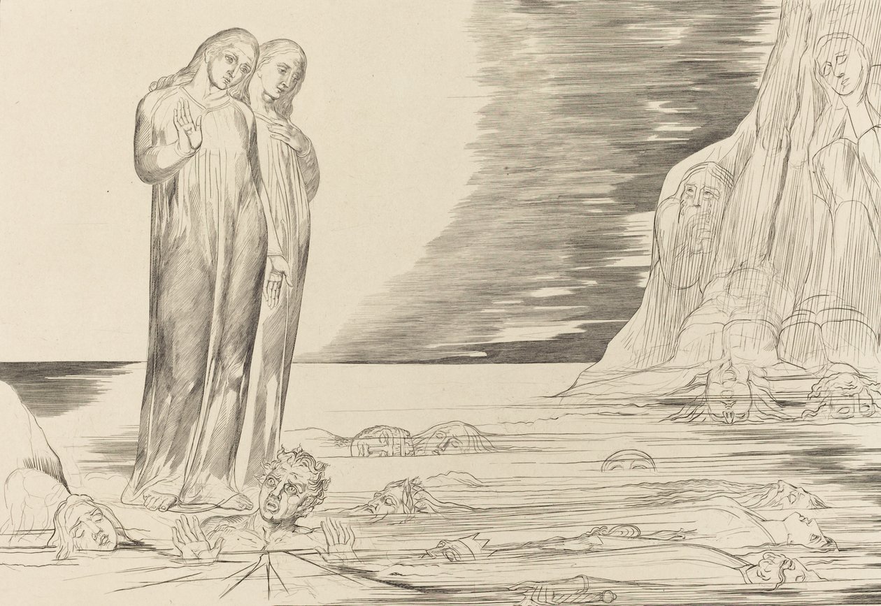 Le Cercle des Traîtres, le Pied de Dante Frappant Bocca degli Abbate - William Blake