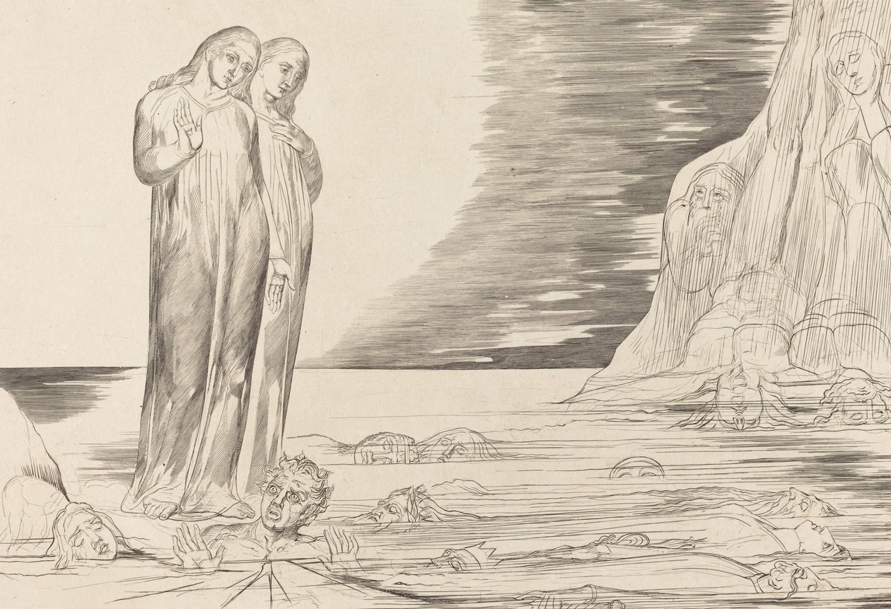 Le cercle des traîtres, le pied de Dante frappant Bocca degli Abbate - William Blake