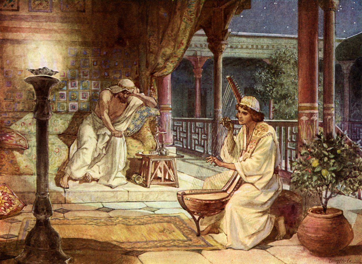 David jouant de la harpe pour Saül - Bible - William Brassey Hole