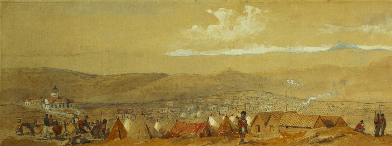 La Crimée : vue panoramique de Sébastopol montrant les camps militaires et le port ; et une vue panoramique d