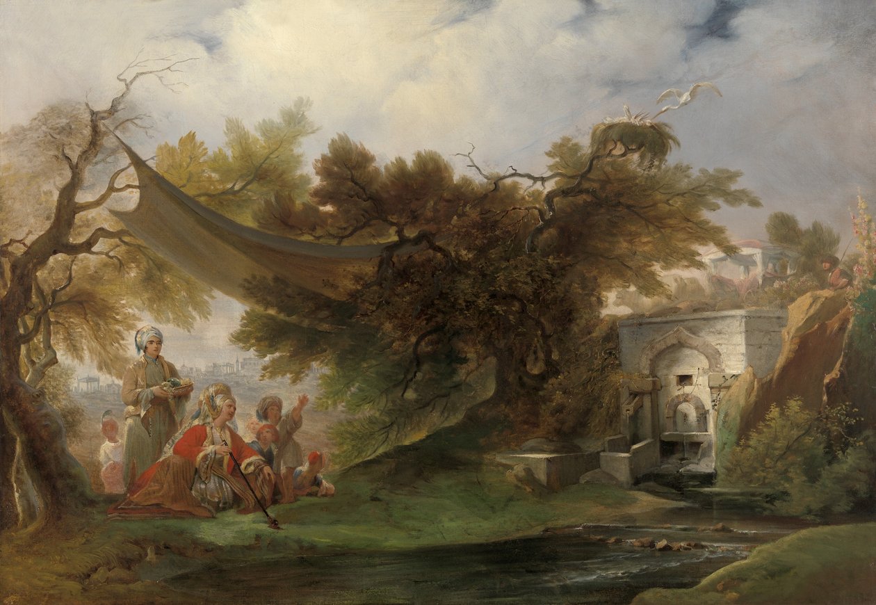Paysage indien avec personnages près d