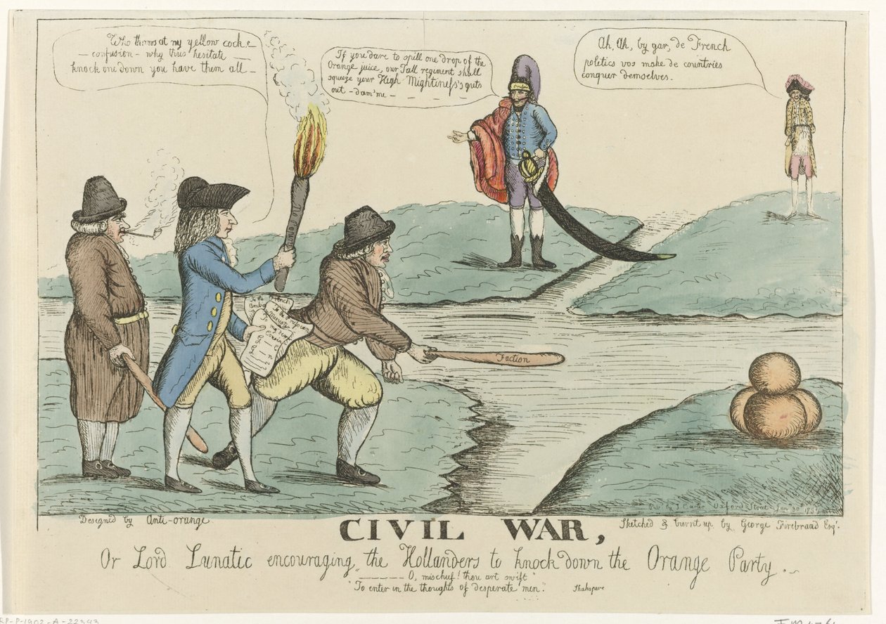 Caricature anglaise des troubles civils néerlandais, 1787 Civil war, or Lord Lunatic encouraging the Hollanders to Knock down the Orange Party (titre sur l