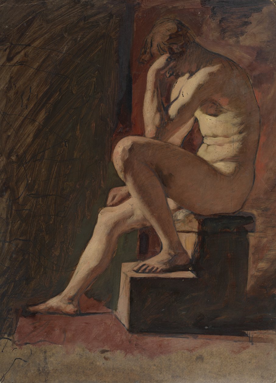 Nu masculin assis, tête reposant contre la main, pied gauche reposant sur un bloc - William Etty