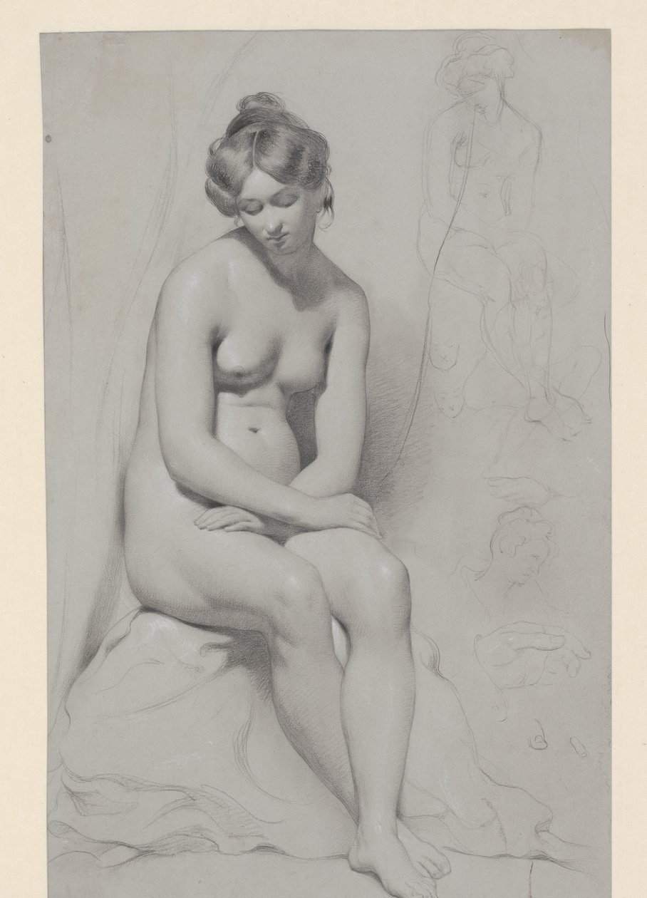 Modèle féminin nu assis avec une coiffure haute, esquissé à côté - William Etty