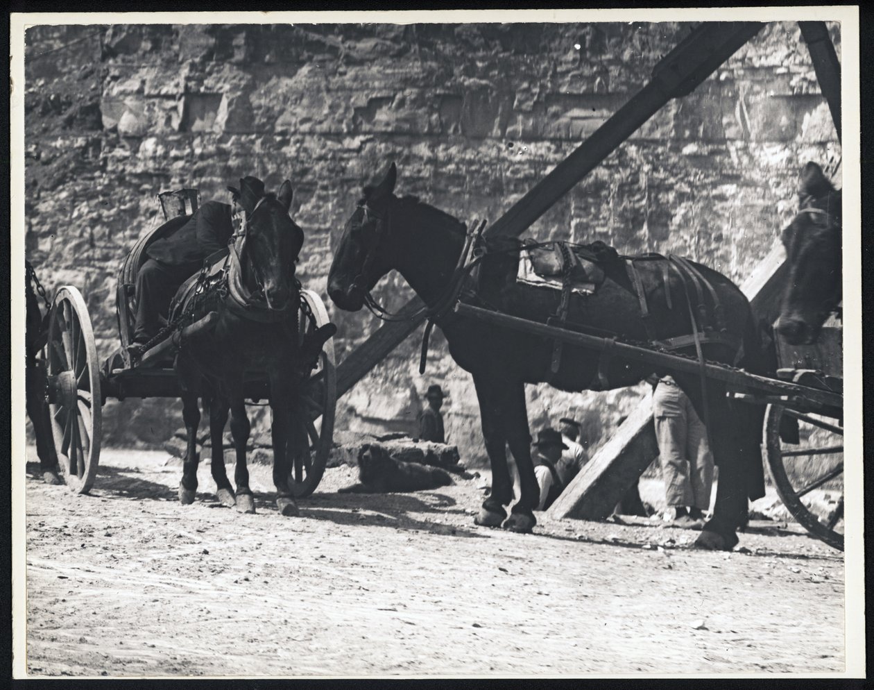 Photographie horizontale en noir et blanc de deux chariots tirés par des chevaux dans une carrière - William G. Swekosky