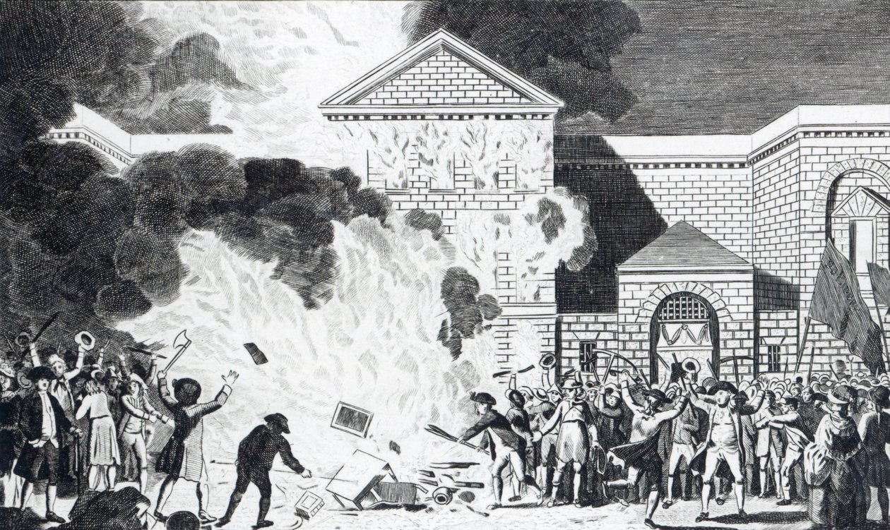 Les dévastations causées par les émeutiers de Londres incendiant la nouvelle prison de Newgate et brûlant les meubles de M. Akerman, 6 juin 1780, gravé par T. Thornton - William Hamilton