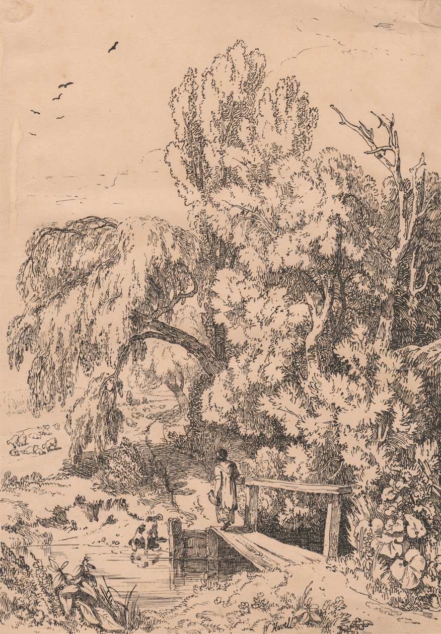 Paysage avec arbres, fille traversant une passerelle - William Havell
