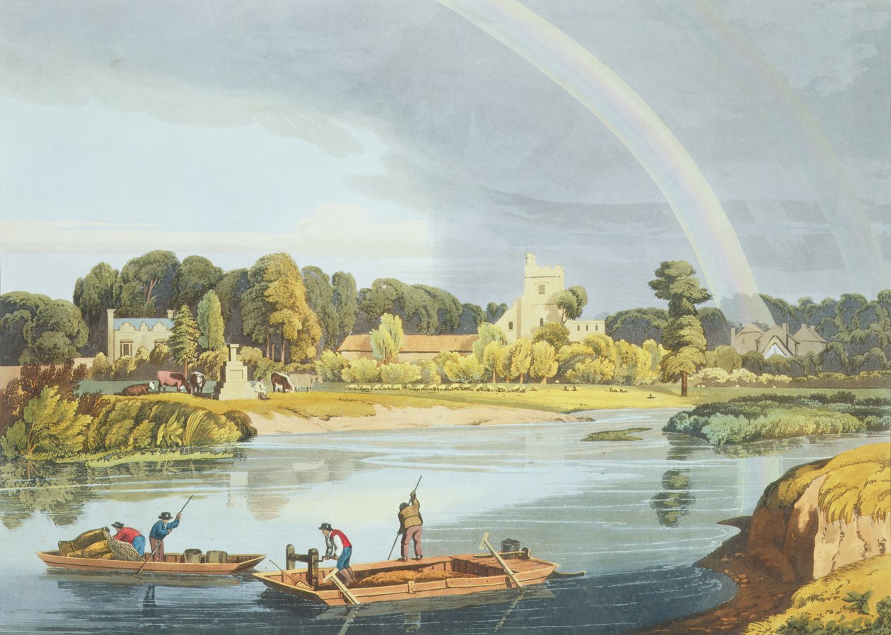 Église de Staines avec City Stone sur les rives de la rivière, gravée par Robert Havell le Jeune, publiée en 1818 - William Havell