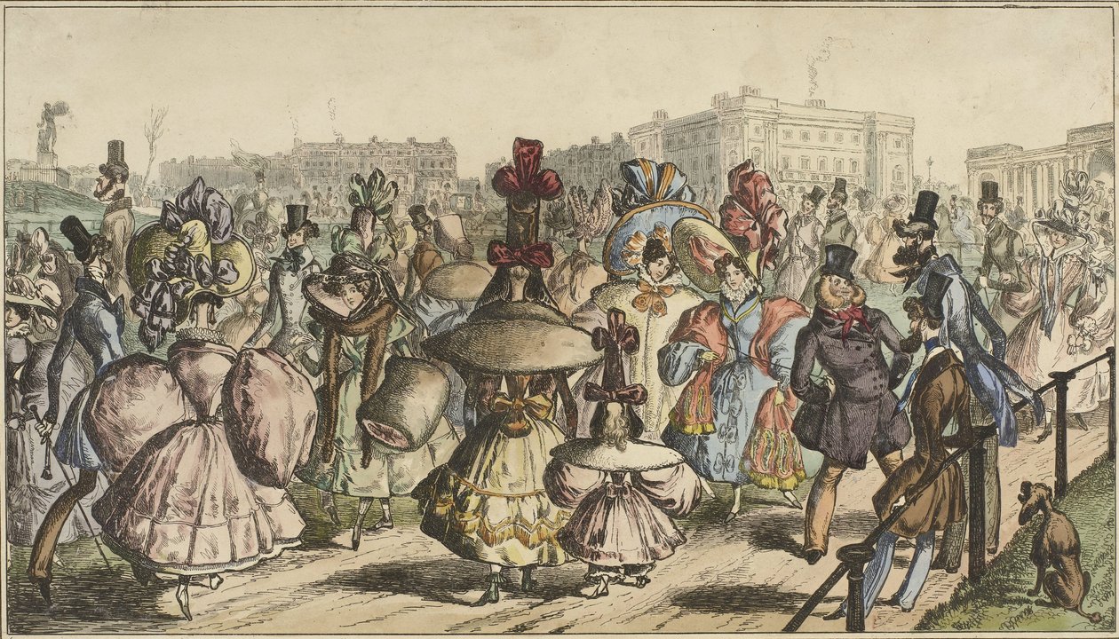 Hommes et femmes en vêtements voyants marchant dans un parc en ville - William Heath
