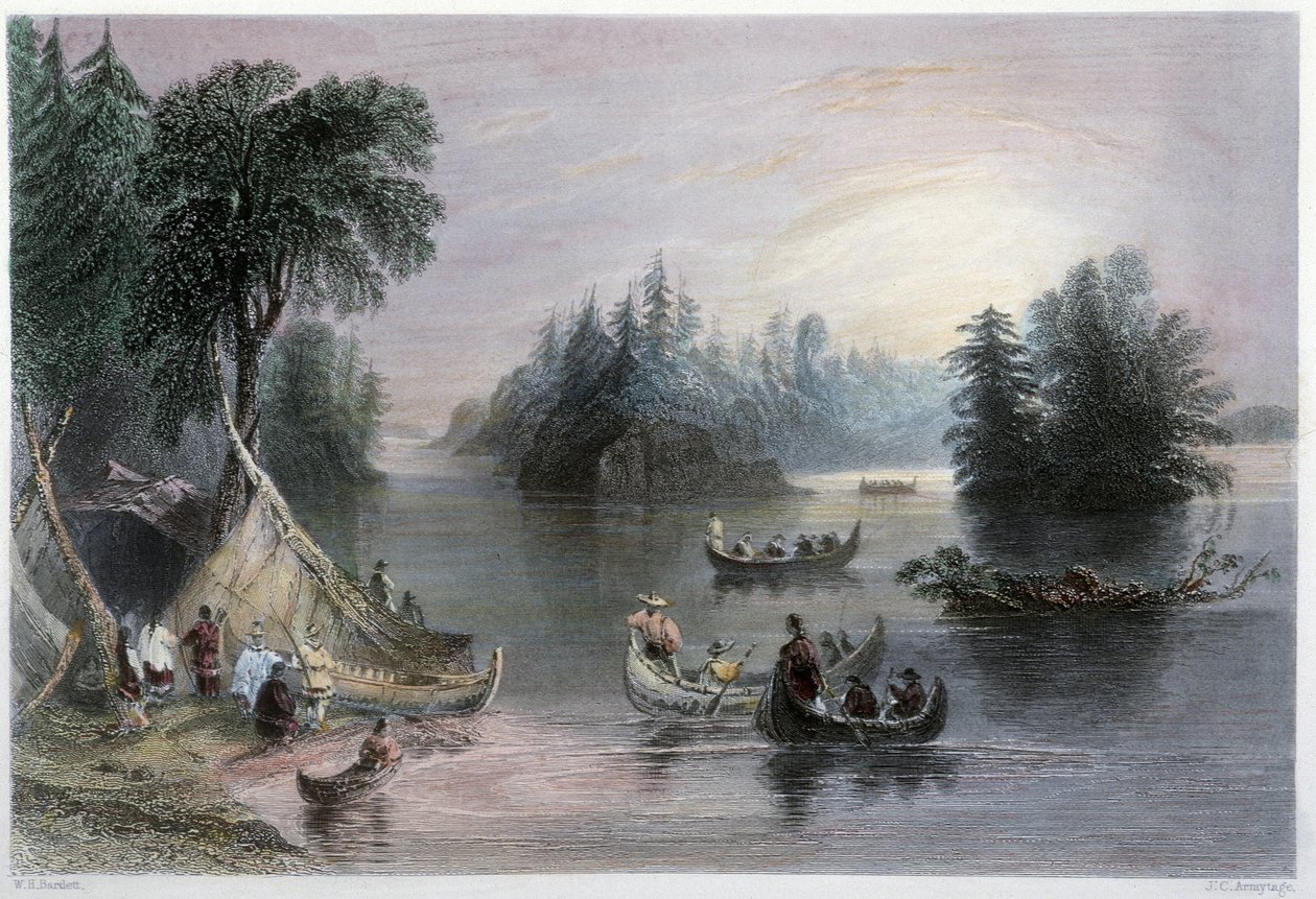 Tipis et canoës indiens, rives du Saint-Laurent - dans « Canadian scenery illustrated » par W.H. Bartlett, Londres - William Henry Bartlett