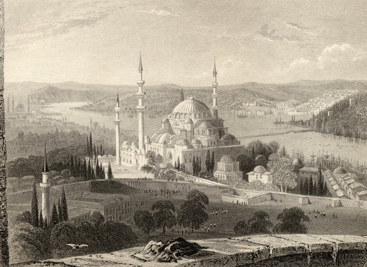 Mosquée et tombe de Soliman, depuis la tour du Seraskier, Istanbul, Turquie, gravé par H. Adlard - William Henry Bartlett