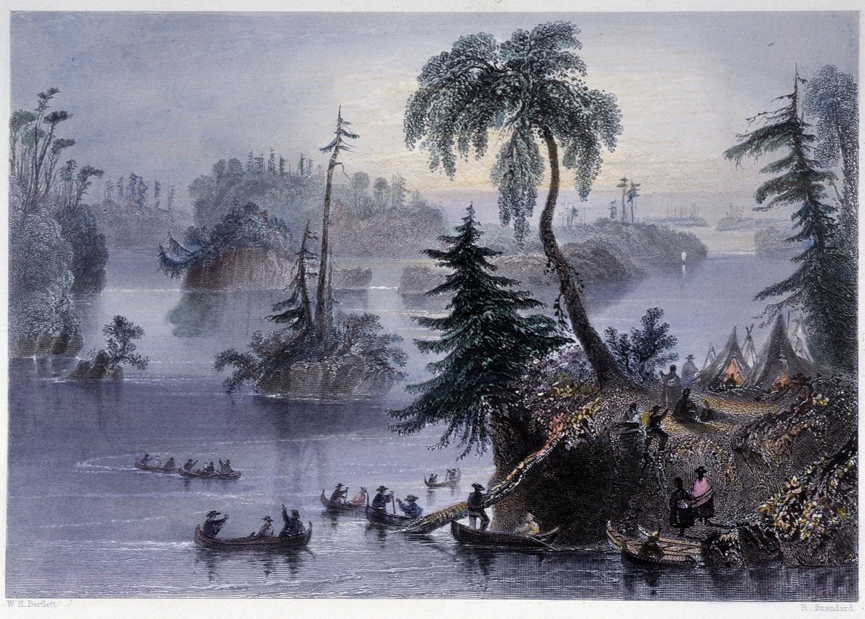 Scène parmi les Mille Îles : Camp et bateaux, Mille Îles - dans "Canadian Scenery Illustrated" par Bartlett W. H. - William Henry Bartlett